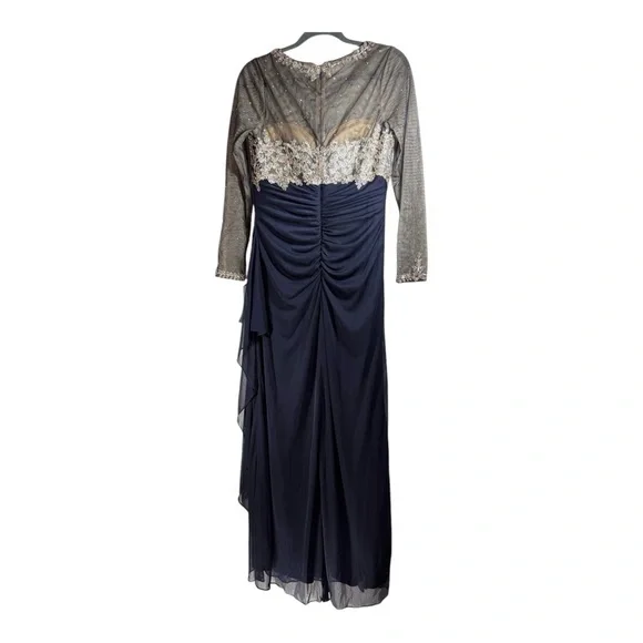 XSCAPE Embellished Illusion-Bodice Ruched Gown in Navy/Gold NWT